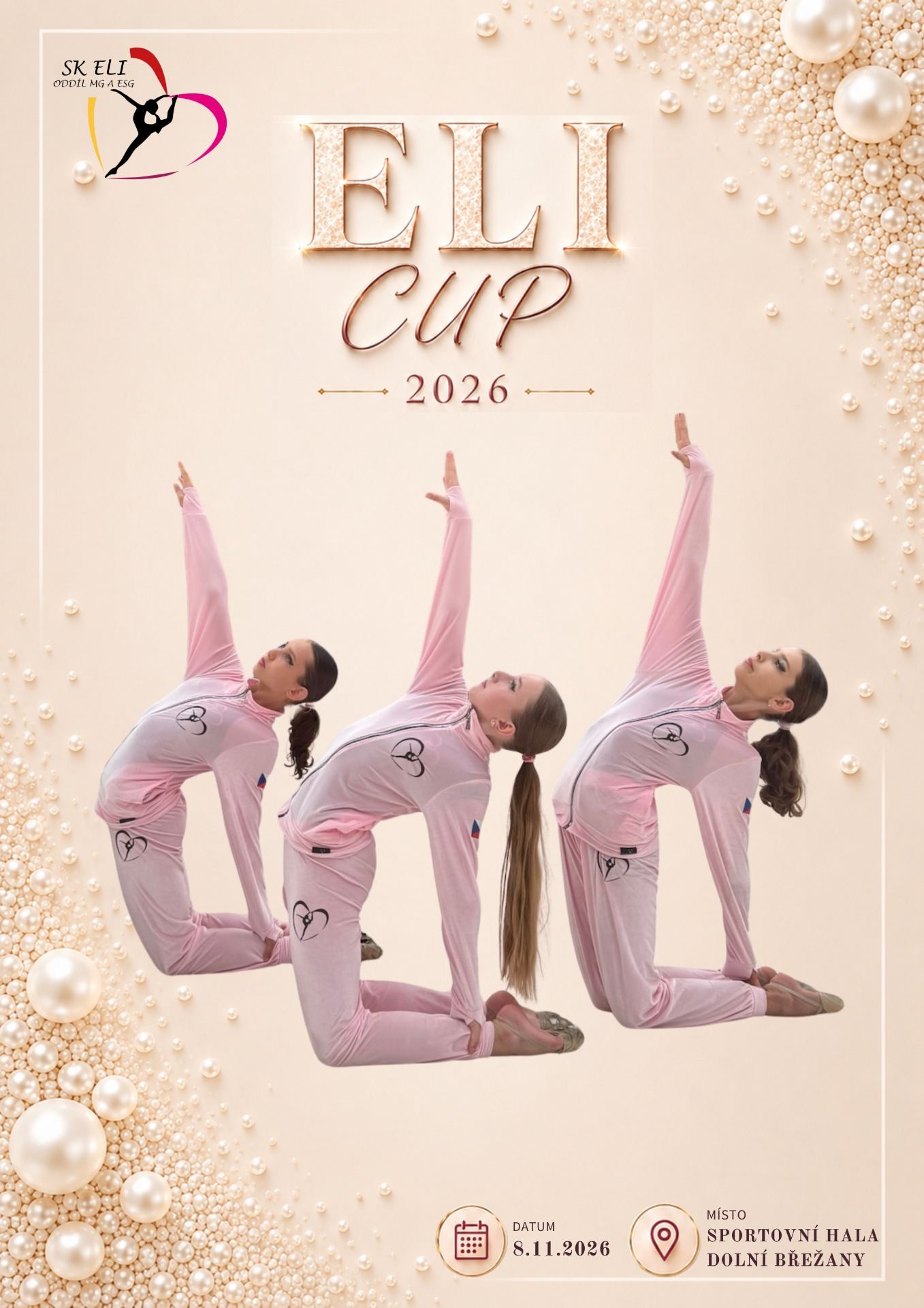 Plakát závodu ELI CUP 2026 se třemi gymnastkami v růžových dresech