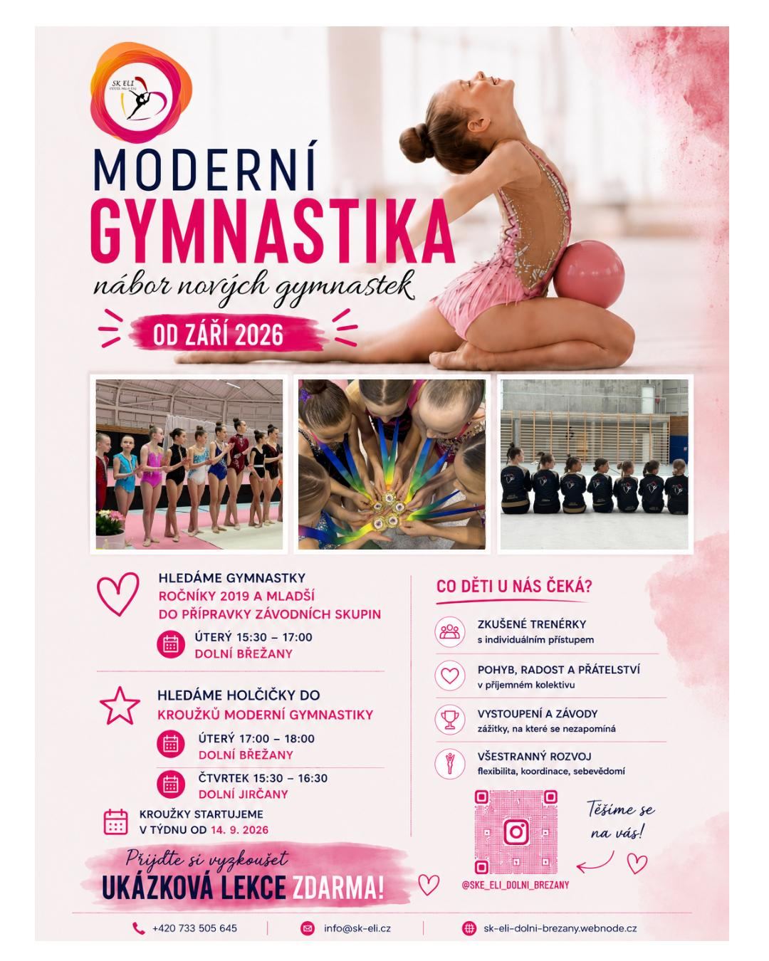Náborový plakát SK ELI 2026: přípravka ročníků 2019 a mladší, kroužky moderní gymnastiky, ukázková lekce zdarma